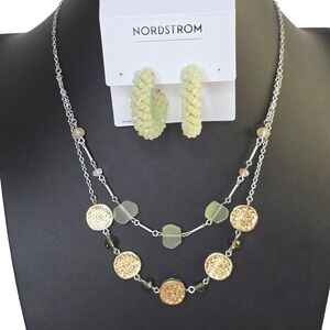 J Jill Two Layer Necklace & Nordstrom Hoop Earring Set Mint Gold Beaded Gemstone